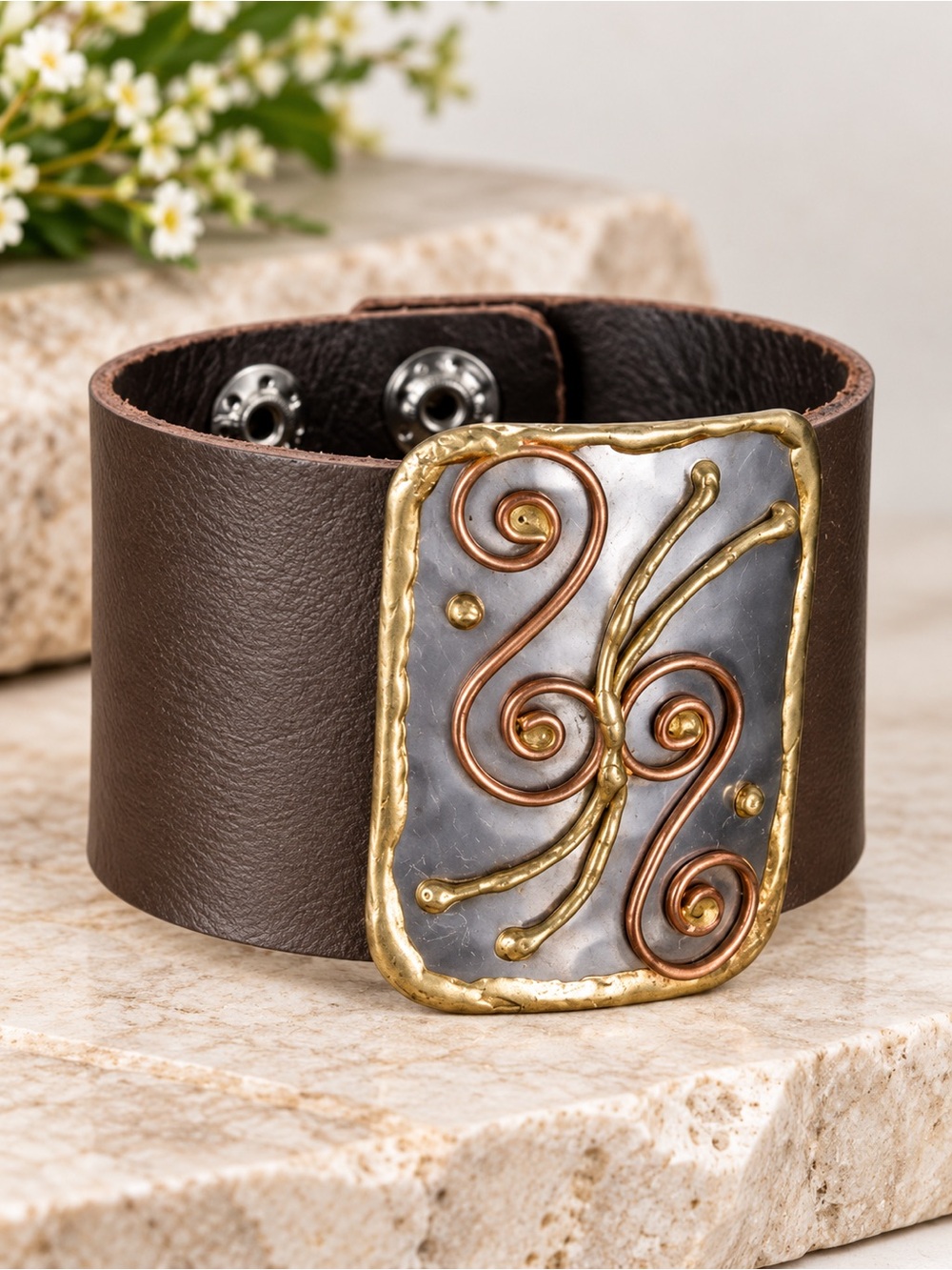 Brown Leather Wide Cuff Bracelet Mixed Metal Swirl Metalwork Snap Closure